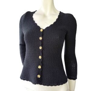 Handmade Vintage Crochet Cardigan Gold Rhinestone Buttons Coquette Black Small
